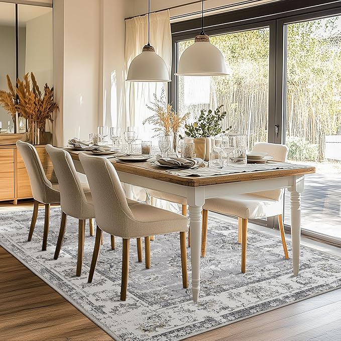 jinchan Vintage Floral 6x9 Area Rugs for Living Room - Machine Washable Distressed Design Stain Resistant Boho Carpet Ultra-Thin Low Pile Non-Slip Rug for Bedroom Dining Room Home Office (6‘x9',Grey)