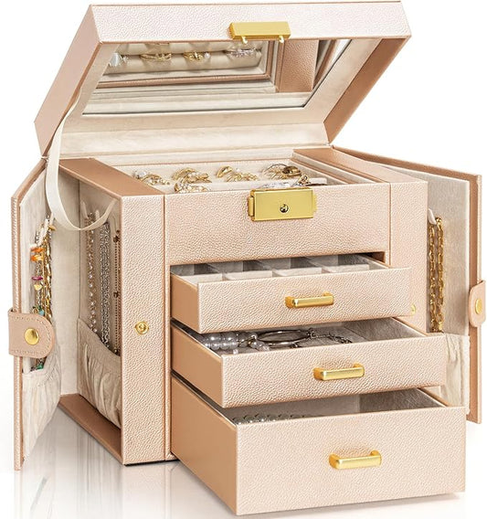 AKOZLIN 4-Tier Jewelry Box Leather Jewelry Storage Organizer with 3 Drawers Lockable for Women Girls Ring Necklace Earring Bracelet Holder with Mirror Champagne