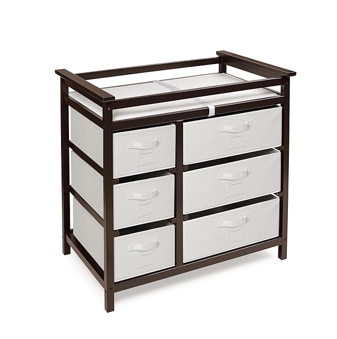 Badger Basket Modern Baby Changing Table with 6 Storage Drawers and Pad, Diaper Change Station - Espresso