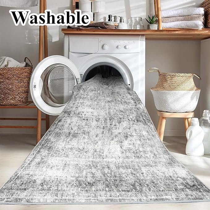 Area Rug 8x10 Washable Rug Gray Vintage Traditional Mat Distressed Indoor Foldable Thin Retro Accent Floral Non Slip Carpet Living Room Dining Room Office