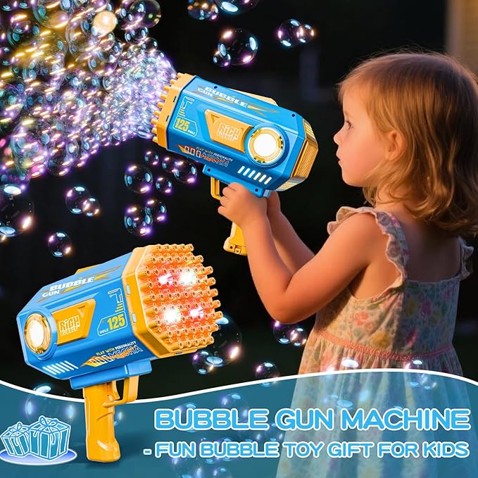 Bubble Gun, 125 Holes Bubble Machine with Lights, Bubble Guns for Kids Ages 4-8 Year Old, Big Bubble Gun Blaster for Wedding, Halloween Outdoor Toy Birthday Bubble Maker Party Favors (Blue)