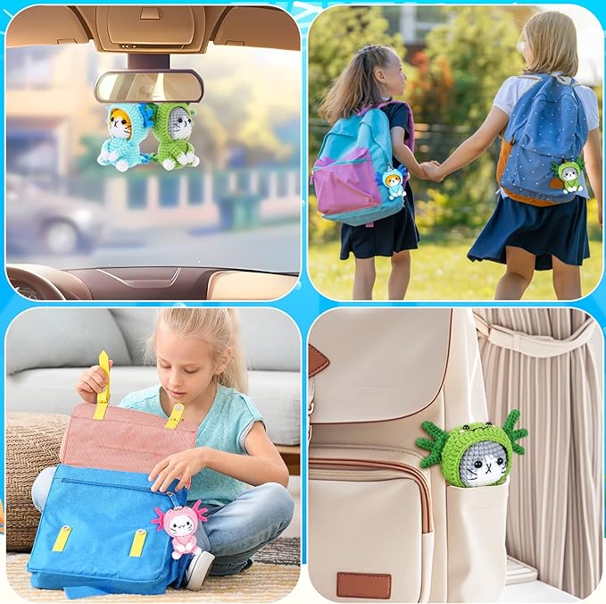 Crochet Kit for Beginners - 3 PCS Axolotl Cat Crochet Kits with Step-by-Step Video Tutorials, Beginner Crochet Kit for Adults, Crochet Cat Dressed as Axolotl Set (Blue & Green & Pink)