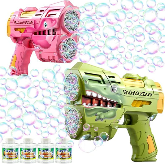 2 Pack Bubble Guns for Kids, Rechargeable LED Light Up Dinosaur Bubbles Machine Blower with 4 Bottles Refill Solution for Toddlers 4-8, Wedding Party Birthday Gift