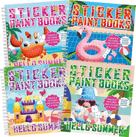 4Pcs Summer Paint by Sticker Books for Kids Ages 4-8 Hello Summer Sticker by Number Books Activity Book for Kids Age 3-5 Puzzle Book Craft Art Toddler Gift with Crab Flamingo Sand Castle 32 Pictures