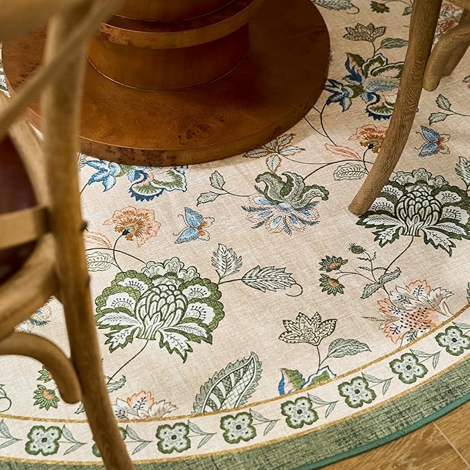 jinchan Floral Corner Rug for Living Room Washable Bedroom Rug Vintage Romance Design Non Slip Quarter Circle Lightweight Low-Pile Throw Carpet for Reading Nook Playroom,6ft Radius, Green/Beige
