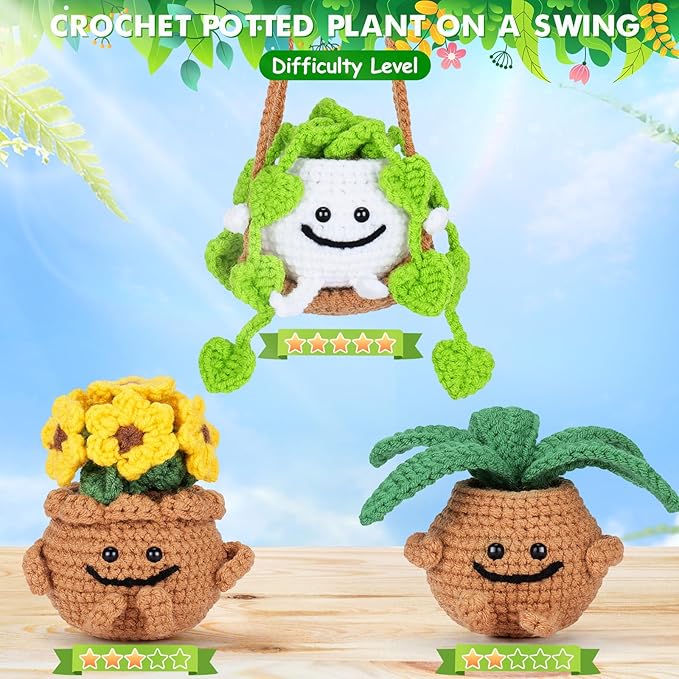Crochet Kit for Beginners - 3 PCS Potted Plants Crochet Kit with Step-by-Step Video Tutorials, Beginner Crochet Kits for Adults Kids, Potted Plant with Swing Crocheting Set