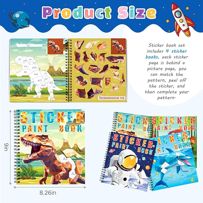 homicozy 3PCS Sticker Paint Books for Kids Ages 4-10,Dinosaur Astronaut Ocean Animals Designs Paint by Stickers,Sticker by Numbers,Party Birthday Gifts for Boys 4-10,Create 30 Pictures at a Time