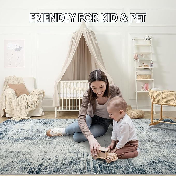 5x7 Area Rugs for Living Room Bedroom, Abstract Washable Rugs with Non-Slip Backing, Stain Resistant Indoor Floor Carpet for Dining Room Table Nursery Hallway Home Office-Blue/Ivory