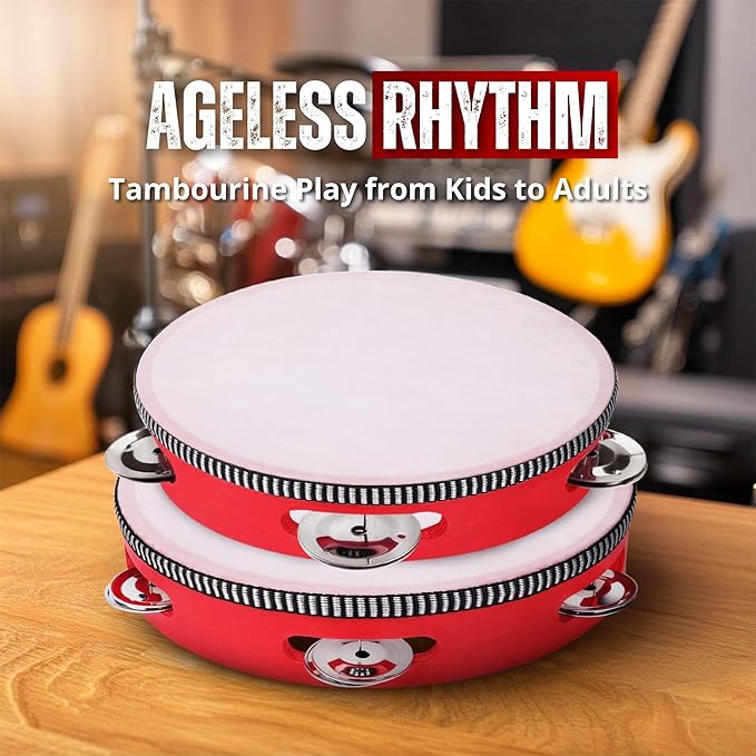 Flexzion Wood Handheld Tambourines - 8 and 6 Inch Set of 2 Pack, with Single Row Metal Jingle Bell (Red) Hand Held Tambourine Percussion Drum Moon Musical Instrument