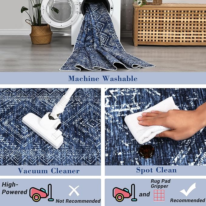 COZYLOOM 4x6 Area Rug for Living Room Bedroom Playroom Nursery Vintage Non Slip Low Pile Rug Soft Throw Floor Cover Geometric Tribal Foldable Indoor Carpet, Blue