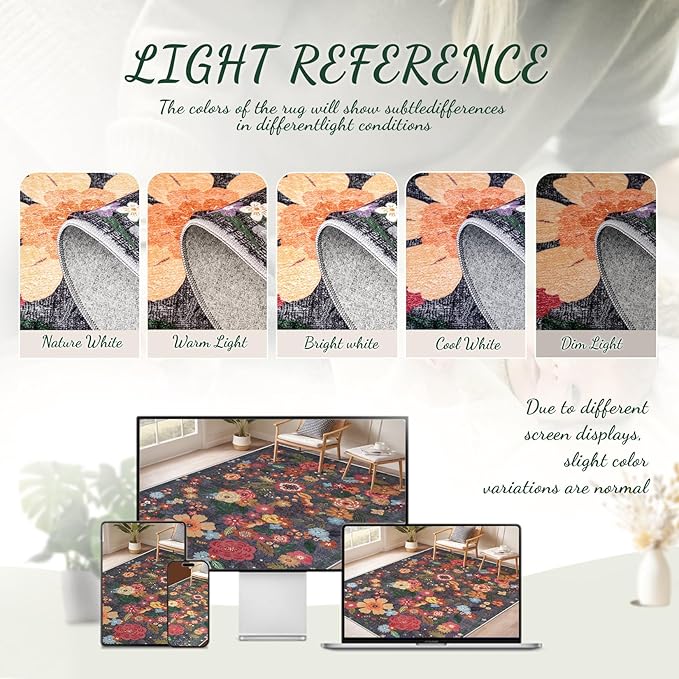 Area Rug Living Room Rugs: 6x9 Washable Rug Vintage Floral Soft Boho Non Slip Carpet Indoor Floor Non Shedding Low Pile Thin Carpets for Bedroom Dining Room Farmhouse Nursery Home Office Black