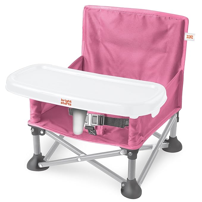 Bright Starts Pop 'N Sit Portable Booster, Indoor/Outdoor Use, Floor Seat with Feeding Tray, Pink, 6 Mos - 3 Yrs
