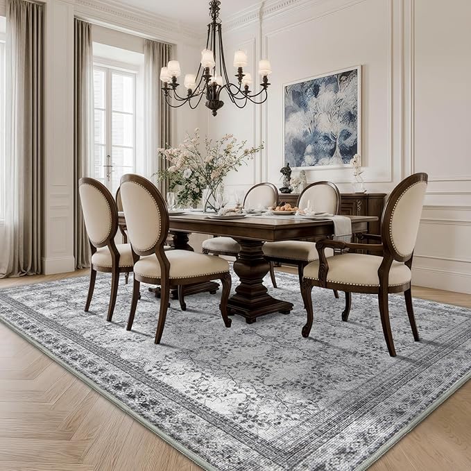 5x7 Washable Area Rug for Living Room Faded Grey, Non Slip Vintage Floral Bedroom Rugs Retro, Traditional Indoor Floor Carpet for Dining Room, Kitchen, Farmhouse, Office Classroom