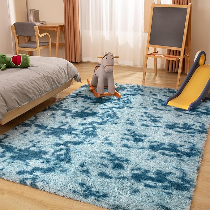 Area Rugs 9x12, Fluffy Rugs for Living Room, Ultra Soft Rugs for Bedroom, Non-Slip Indoor Carpet for Nursery, Kids Room, Playroom, Home Decor, Tie-Dyed Blue