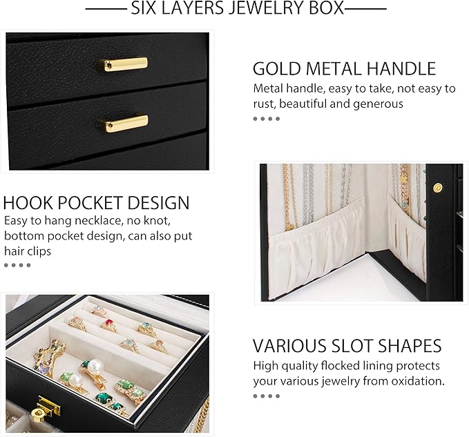 AKOZLIN Jewelry Box Organizer Functional Leather Jewelry Storage Case for Women Girls Ring Necklace Earring Bracelet Holder Organizer with Mirror Black