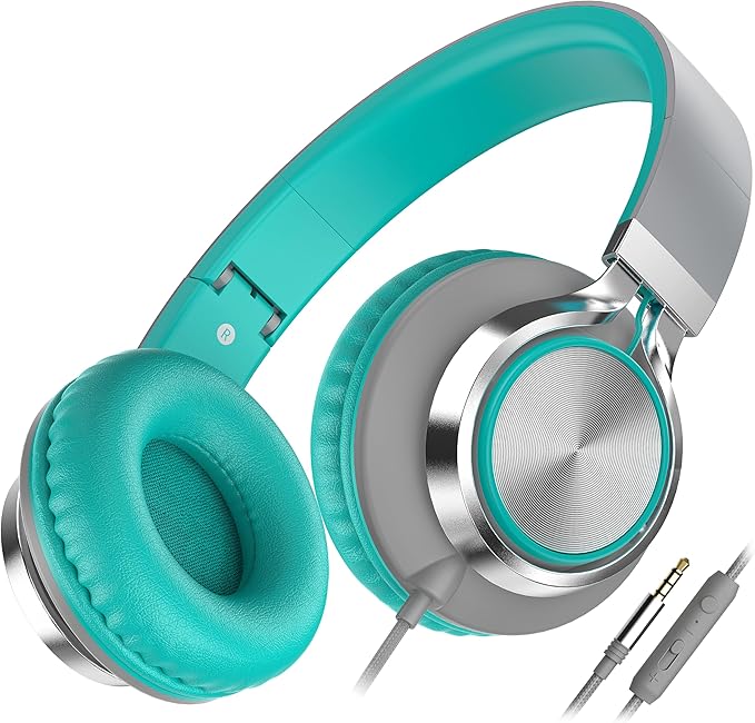 AILIHEN C8 Wired Headphones with Microphone and Volume Control Folding Lightweight Corded Headset for Cellphones Tablets Chromebook Phones Smartphones Laptop Computer PC Mp3/4 (Grey/Mint)