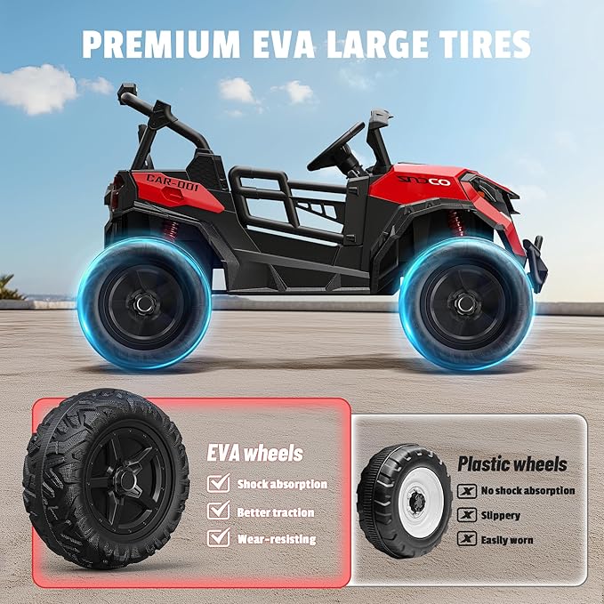 24V 2 Seater Ride on Car Truck, 4x200W, EVA Tires, 4WD/2WD, Rainbow Lights, Remote Control, Shock Absorbers, Bluetooth, Ride On UTV Toy for Kids Ages 3-8, Red