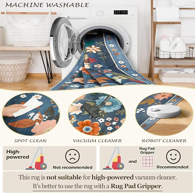 Floral 6ft Area Rug Machine Washable Soft Print Boho Carpet Non Slip Doormat Low Pile Flower Area Rugs for Living Room Bedroom Nursery Kitchen Dining Room Indoor-Blue/Grey