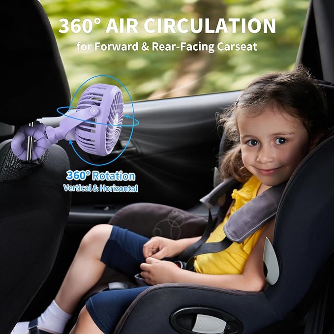 AMACOOL Battery Operated Stroller Fan Flexible Tripod Clip On Fan with 3 Speeds and Rotatable Handheld Personal Fans for Car Seat Crib Bike Treadmill (Purple)