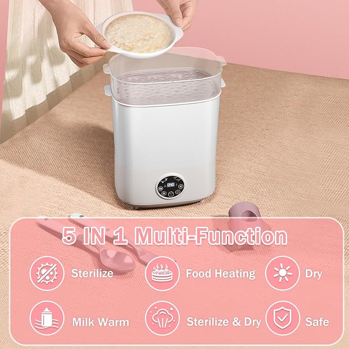 Fisca Baby Bottle Sterilizer and Dryer, 5-in-1 Large Capacity Bottle Sanitizer and Dryer, 2 Layers Compact Baby Bottle Electric Steam Sterilizer and Dryer for Baby Bottles, Pacifiers, Pump Parts