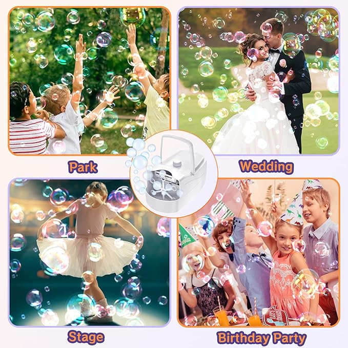 Bubble Machine, Automatic 18000+ Per Minute Big Bubbles Blower Maker for Kids Toddlers with 2 Speeds,6 Wands,Operated by Plugin or Batteries for Outdoor/Indoor Birthday Parties,Wedding (White)