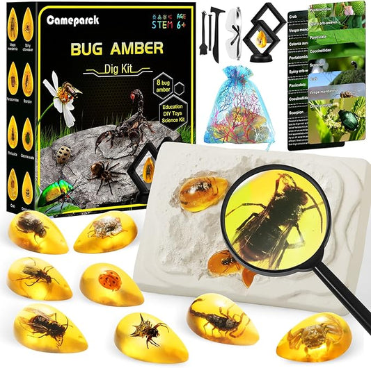 Bigger Amber Dig Kit - 8 Different Artificial Insect Resin,Excavate Unique Insect Specimens,Bugs Toys Educational Science Kits Toys for Kids,STEM Projects Gift for Girls & Boys Age 6-8-12-14 Year Old