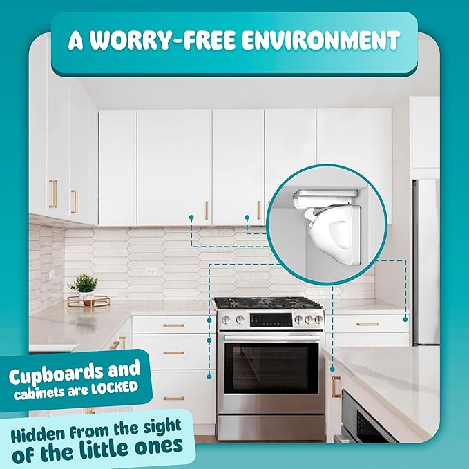 Booboo® Magnetic Child Safety Cupboard Locks for Children x10 Locks + x1 Key, Baby Proofing for Kitchen, Cabinets and Drawers, 30 Second Install No Drilling 3M Adhesive (10 Pack)