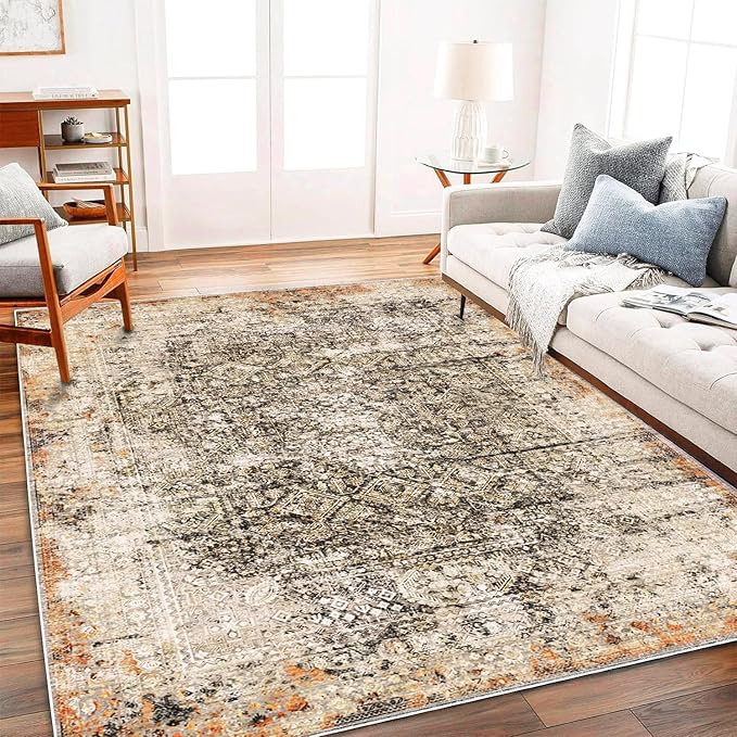 Area Rug 10'x14' Washable Vintage Traditional Mat Distressed Indoor Foldable Thin Retro Accent Floral Print Non Slip Carpet for Living Room Dining Room Office Large Rugs