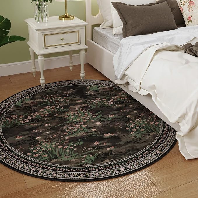 Circle Rug Impressionist-Style Vintage Round Rug 4ft Non Slip Low Pile Small Circular Rug for Bedroom Bathroom Entryway Kids Room Office College Dorm, Black