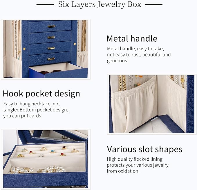 AKOZLIN Large Jewelry Box Organizer Functional Lockable with Big Mirror, Leather Jewelry Storage Case for Women Girls Ring Necklace Earring Bracelet Holder Organizer Blue