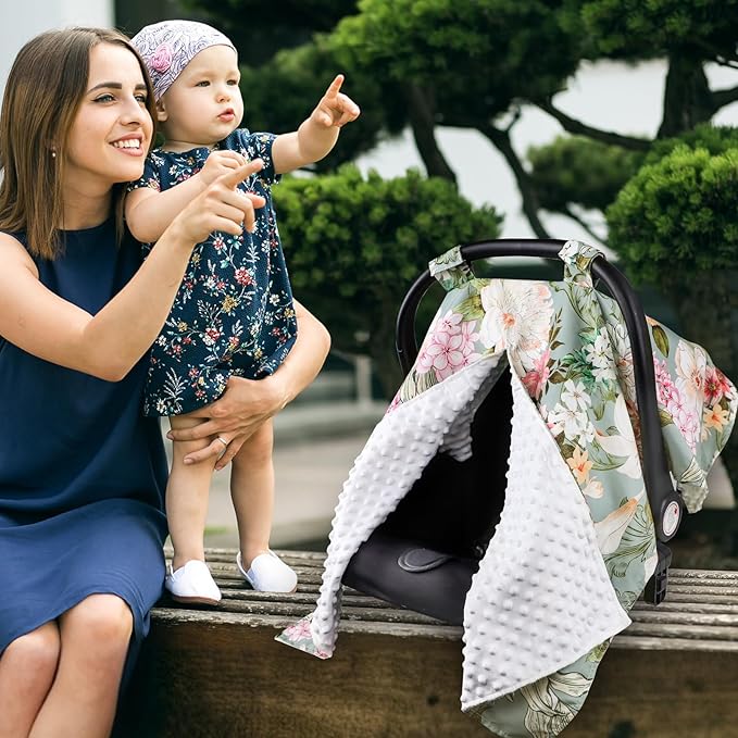 Car Seat Cover Baby, Flroal Infant Car Seat Canopy Covers for Newborn Girls Boys, Soft Breathable Minky Carseat Covers Stretchy Multi-Use Nursing Cover for Stroller Baby Car Seat, Green Leaf