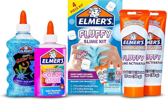 Elmer’s Fluffy Slime Kit, Includes Translucent Color Glue, Glitter Glue, Fluffy Slime Activator, 4 Count - Perfect for Parties, Gift, Activity Time