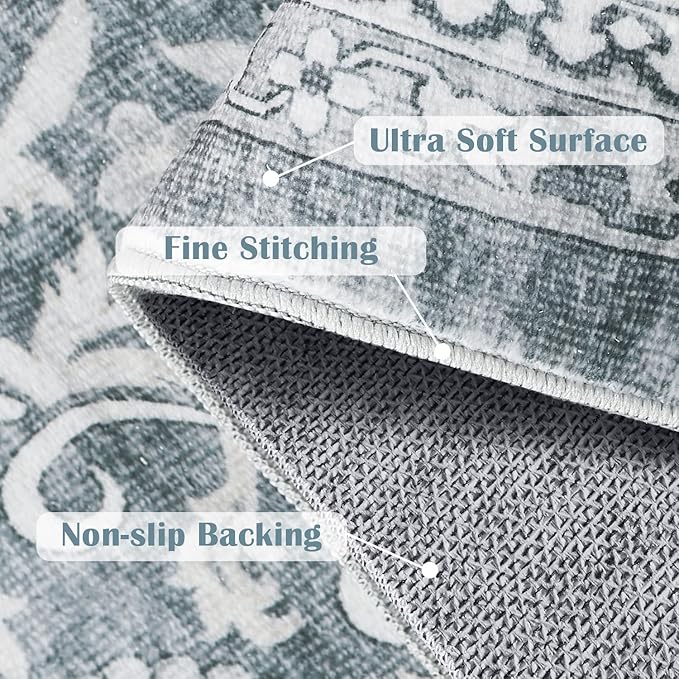 jinchan Floral Runner Rug 2x5 - Machine Washable Grey Vintage Distressed Design Soft Non-Slip Low-Pile Ultra-Thin Runner Rug for Kitchen Hallway Laundry Room Entryway Farmhouse (2‘x5',Grey)