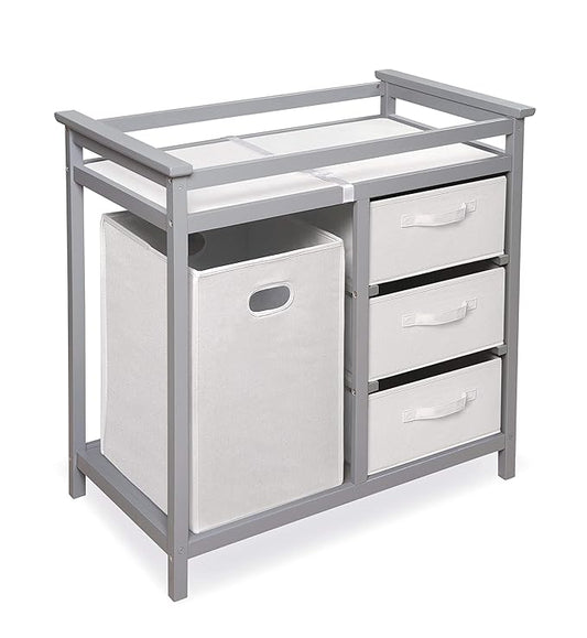 Badger Basket Modern Baby Changing Table - Nursery Furniture with Laundry Hamper and 3 Storage Drawers - Diaper Changing Station with Safety Belt, Changing Pad, Organizer Baskets - Cool Gray and White
