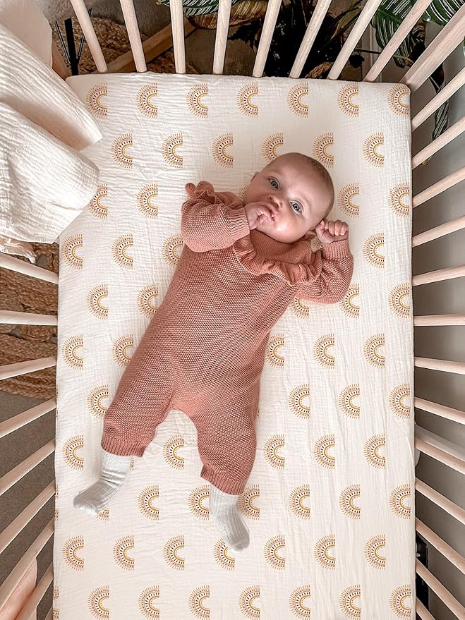 Bassinet Sheet for Baby Boy and Girl 2 Pack, Fitted Sheets for Rectangle, Oval, Hourglass Bassinet Mattress, Muslin Moses Basket Sheets with Neutral Style (Beige & Rainbow)