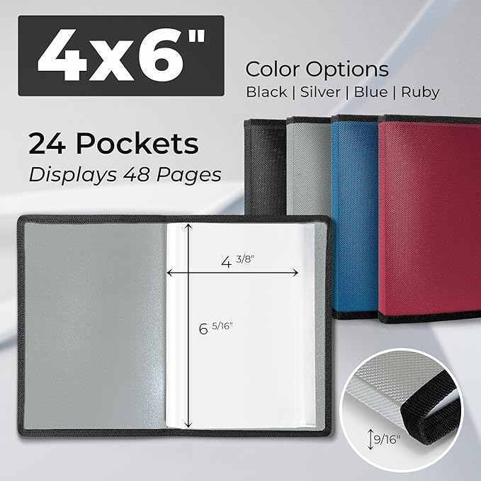 Dunwell Small Photo Album 4x6 with Black Mounting Paper (2-Pack, Silver), 4 x 6 Photo & Art Portfolio Presentation Book, Each Shows 48 Pages, Professional Mini Picture Book for Artwork, Postcards