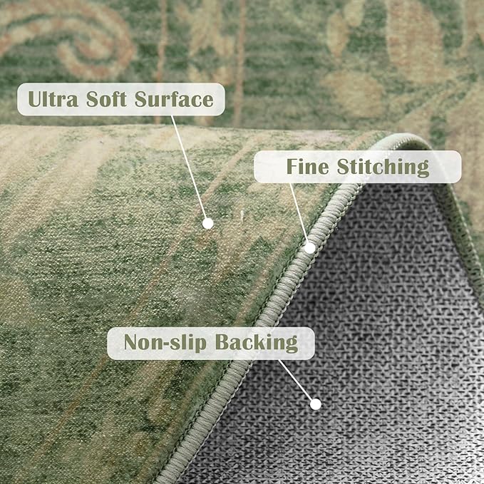 jinchan Round Rug 7ft Area Rugs,Vintage Floral Distressed Design Machine Washable Soft Non-Slip Low-Pile Ultra-Thin Circle Rug for Living Room Dining Room Bedroom Home Office (7' Round,Dark Green)