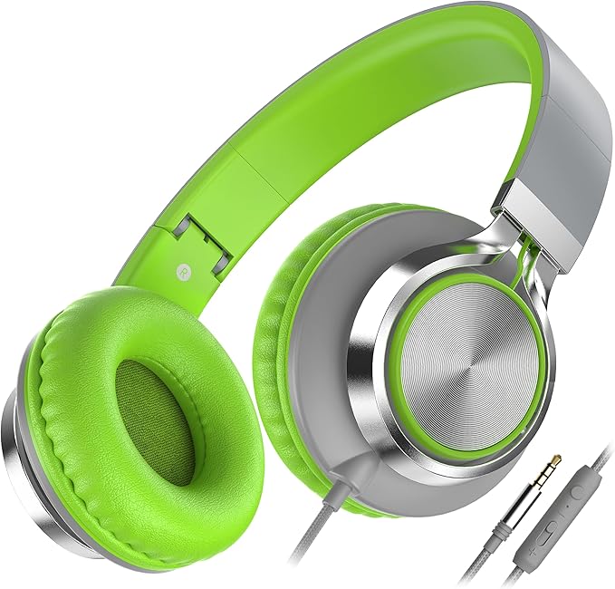 AILIHEN C8 Headphones Wired, On-Ear Headphones with Microphone and Volume Control, Corded 3.5mm Headset for Boys Girl School Smartphones Chromebook Laptop Computer Tablets Airplane Travel (Grey/Green)