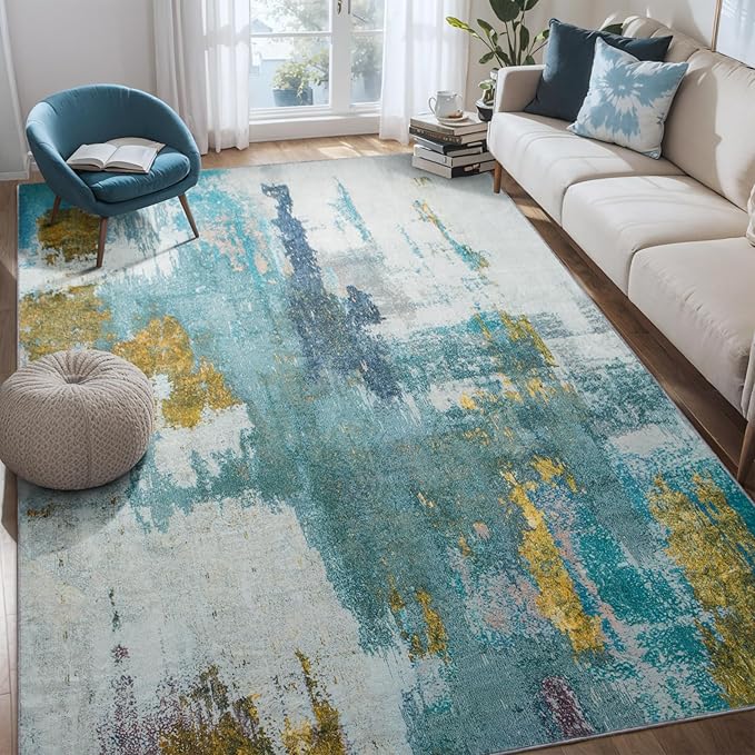 Kelarea 6x9 Area Rugs for Living Room, Washable Abstract Non-Slip Large Rug Stain Resistant Blue Carpet, Low Pile Soft Indoor Rug for Bedroom, Dining Room, Nursery, Kitchen, Home Office