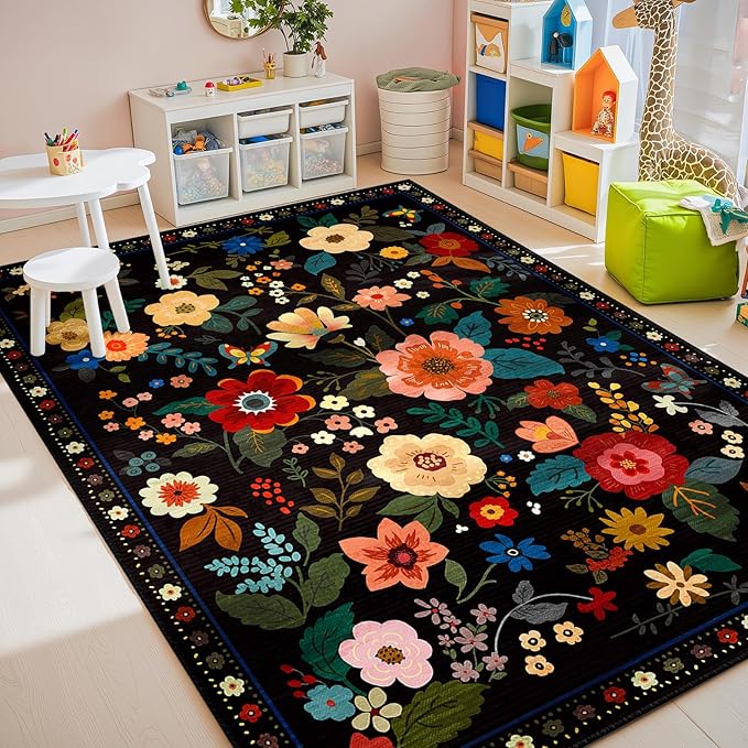 Floral 5x7 Area Rug Machine Washable Soft Print Boho Carpet Non Slip Doormat Low Pile Flower Area Rugs for Living Room Bedroom Nursery Kitchen Dining Room Indoor-Black