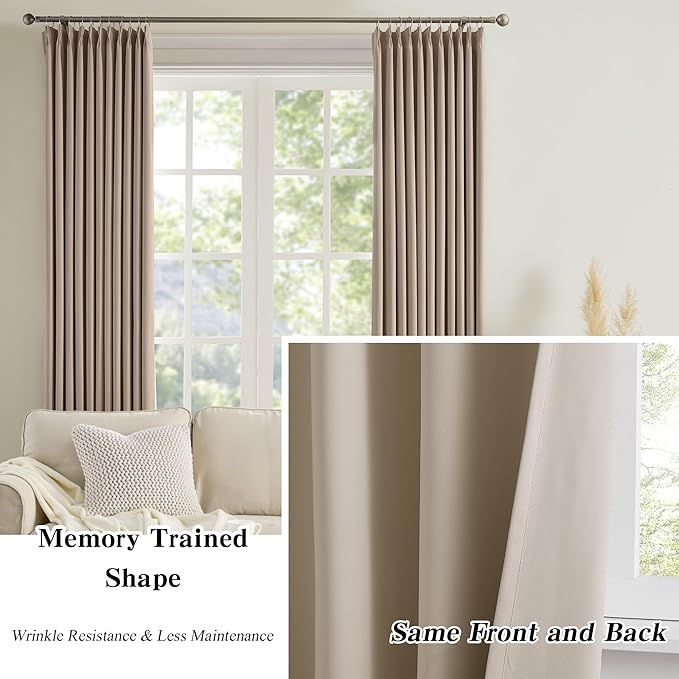 KEQIAOSUOCAI Pinch Pleated Window Curtain Panels 94 Inches Long Light Blocking Solid Custom Made Pleated Curtains Hooks Track Privacy Memory Shape Drape for Living Room,Khaki,40x94, Set of 2