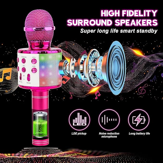 BlueFire 4 in 1 Karaoke Wireless Microphone with LED Lights, Portable Microphone for Kids, Great Gifts Toys for Kids, Girls, Boys and Adults (Purple)