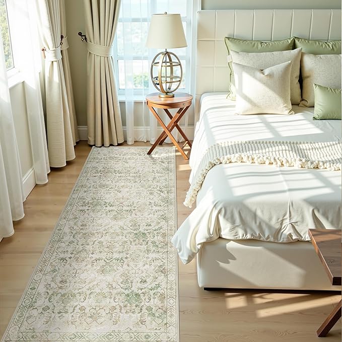 Green 2x6 Runner Rug for Hallways Bed Side Kitchen, Boho Washable Distressed Low-Pile Floor Entryway Long Bathroom Mat, Non-Slip Laundry Room Washstand Front Carpet Green 24x72 Inch