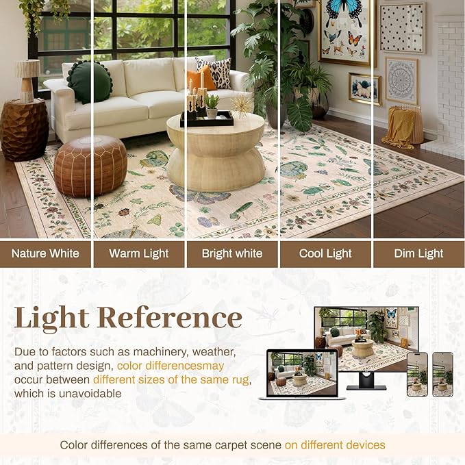 8x10 Area Rugs with Insect Print - Bug Rug Non-Shedding Stain Resistant Soft Carpet for Bedroom, Low Pile Ultra-Thin Machine Washable Carpet for Dining Room, Kids Nursery, Office (8'x10' Beige)