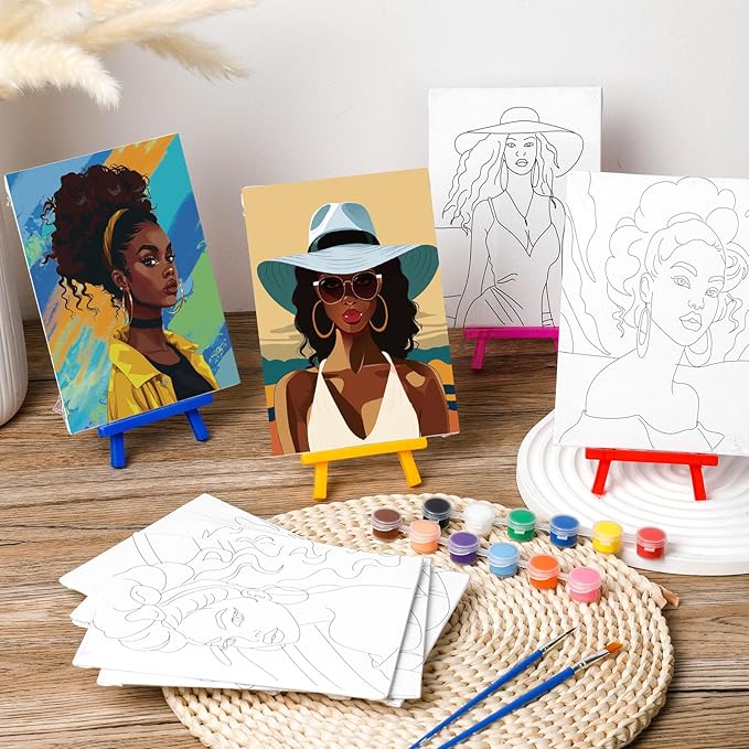 Blosssound 10 Set Pre Printed Canvas Pre Drawn Canvas Painting with Easel Kits 5" x 7" Outline Painting Panels for Beginners, DIY Craft Project, Party Favor, Home Decors(Black Women)