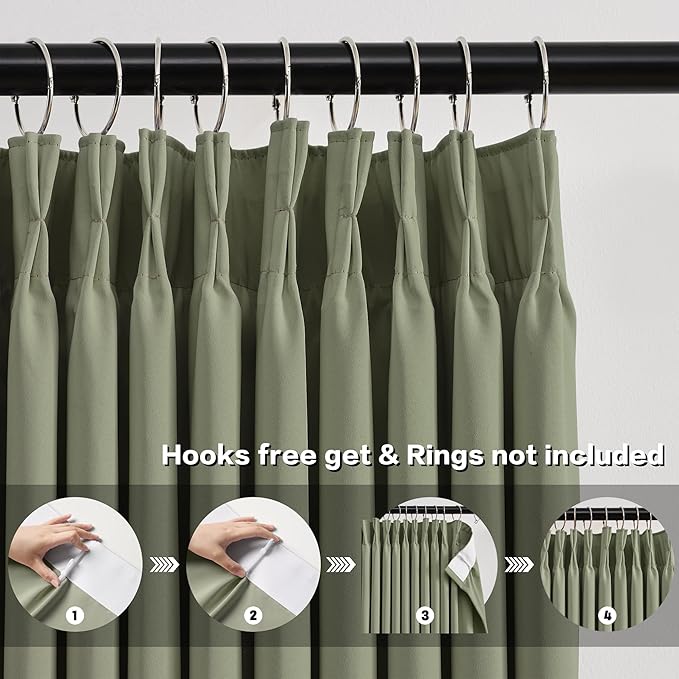 KEQIAOSUOCAI Pinch Pleated Curtains Blakcout 108 Inches Long 9 FT Length, Darkening Bedroom Curtains Thermal Insulated Window Treatment Panels Blackout Drapes for Living Room(40 x 108,Sage Green)