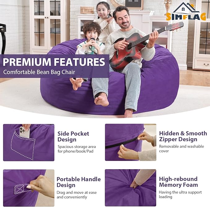 4FT Bean Bag Chair, Large Bean Bag Chairs with Memory Foam Filled, Fluffy Beanbag Sofa with Dutch Velvet Cover, Round BeanBag Chairs for Living Room, Playroom - Purple