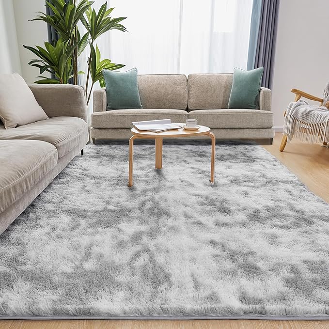 9x12 Area Rugs for Living Room, Ultra Soft Fluffy Rugs for Bedroom, Anti-Skid High Pile Indoor Carpet for Nursery, Study Room, Playroom, Home Decoration, Tie-Dyed Light Grey