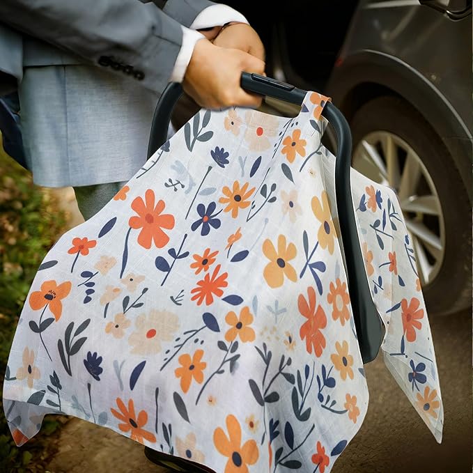 80S Muslin Car Seat Cover for Babies - Soft & Breathable Infant Carrier Canopy, Lightweight Sunshade for Summer, Universal Fit for Baby Boys & Girls