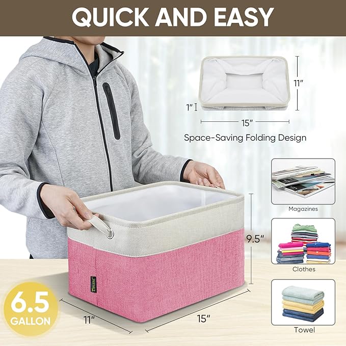 BALEINE 2 Pack Fabric Storage Bins for Shelves, Linen Storage Baskets for Organizing, Decorative Closet Bins for Clothes, Home (Pink, 15''x11''x9.5'')